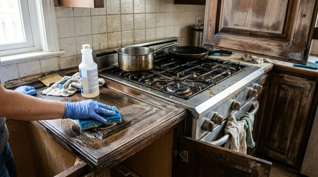 Cabinets near a cooktop carry a film of cooking oil that no primer will stick through — Abilene, TX