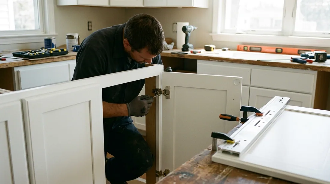 Doors go back on, hinges are adjusted so reveals line up, and new hardware is drilled from a jig — Abilene, TX