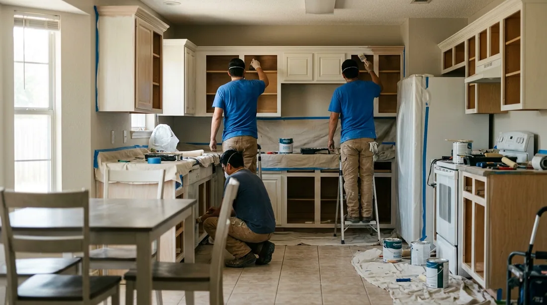 A small professional crew working on a cabinet painting job at a property, seen from behind and at — Abilene, TX